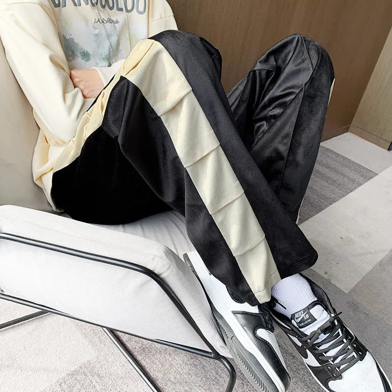 Bonsir Men's Wrinkle Patchwork Pants Fashion Casual Straight Pants Men Streetwear Loose Hip-hop Drawstring Trousers Plus Size 5XL-M