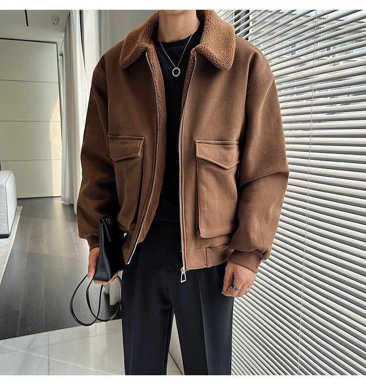 sanyamk Winter Men Lamb Fur Inner Fashion Loose Casual Vintage Short Cargo Jacket Male Japan Korean Streetwear Coat Outerwear