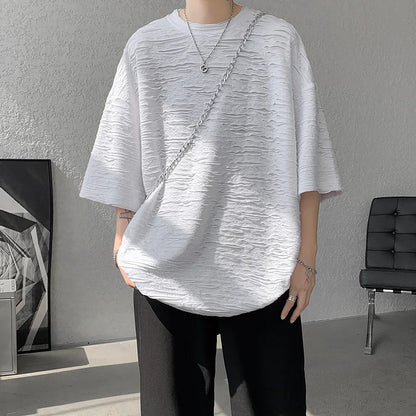 sanyamk Summer Chic Fashion Holes T-Shirts For Men Clothing Short Sleeve O-Neck Loose Casual Solid Color Tee Shirt Homme Streetwear