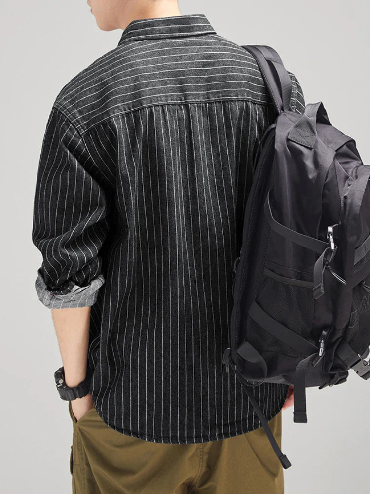 sanyamk Denim Jackets Men Striped Japanese Retro Style Long Sleeve Baggy Handsome Popular Pockets Advanced Casual Techwear Vitality