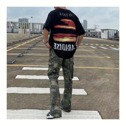 sanyamk Men's Streetwear Camouflage Printing Casual Pants Washed Hiphop Style Trousers Slim Fit Green Color Sweatpants Size S-4XL