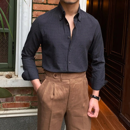 sanyamk  -  Men Gentlemen Seersucker Casual Long-sleeved Shirt Retro Breathable Anti Wrinkle Shirt Italian Slimming Trend Camiseta Masculina