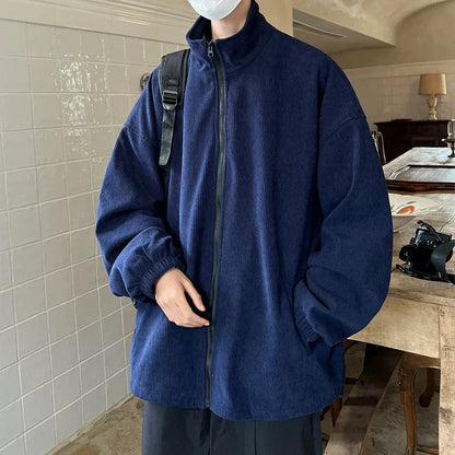 sanyamk Autumn Vintage Corduroy Jackets Men Japan Style Casual Loose Outerwear Solid High Collar Zipper Coat Fashion Oversize Clothing