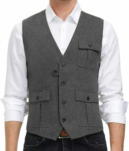 sanyamk Light Blue New Men Vest Wool Tweed Casual Waistcoat Formal Business Vest For Wedding Groomsmen Party Banquet Suit