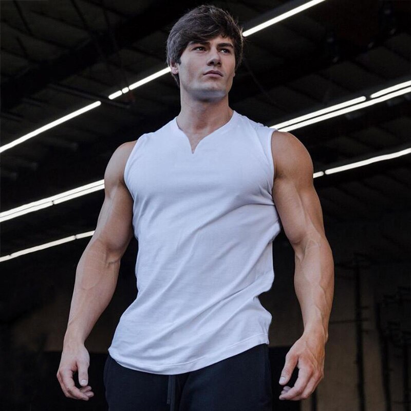 sanyamk Summer Plain Cotton Fitness Mens Gym Tank Top Curved Hem V neck Gym Stringer Vest Bodybuilding Clothing Muscle Sleeveless Shirt