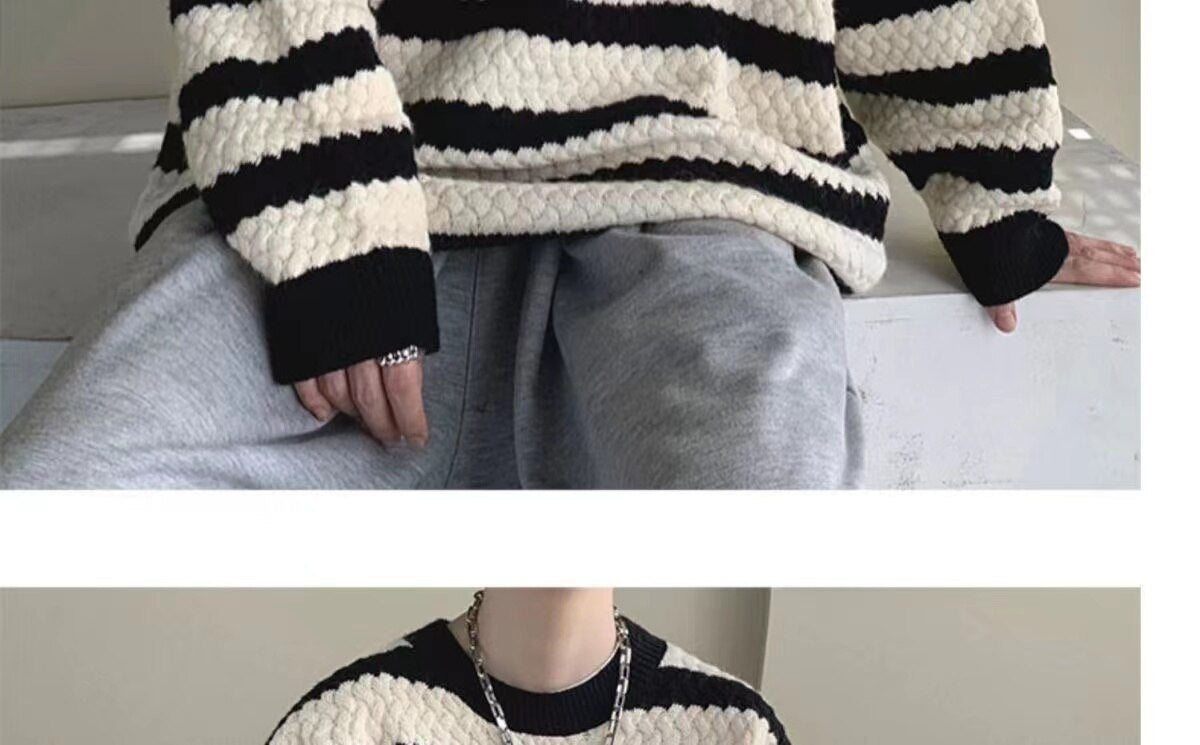 sanyamk Winter Men's Stripe Printing Coats Round Neck Wool Sweater Retro Loose Pullover Fashion Trend Thickened Knitting M-2XL