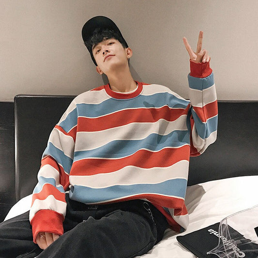 Bonsir Spring New Men Stripe Sweatshirts Oversized Korean Clothing Hoodies Fashion Unisex Pullovers Casual Tops Streetwear