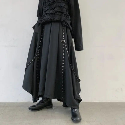 Bonsir Men Ribbon Dark Black Wide Leg Pants Male Women Japan Streetwear Punk Gothic Harem Trousers Kimono Skirt Pants