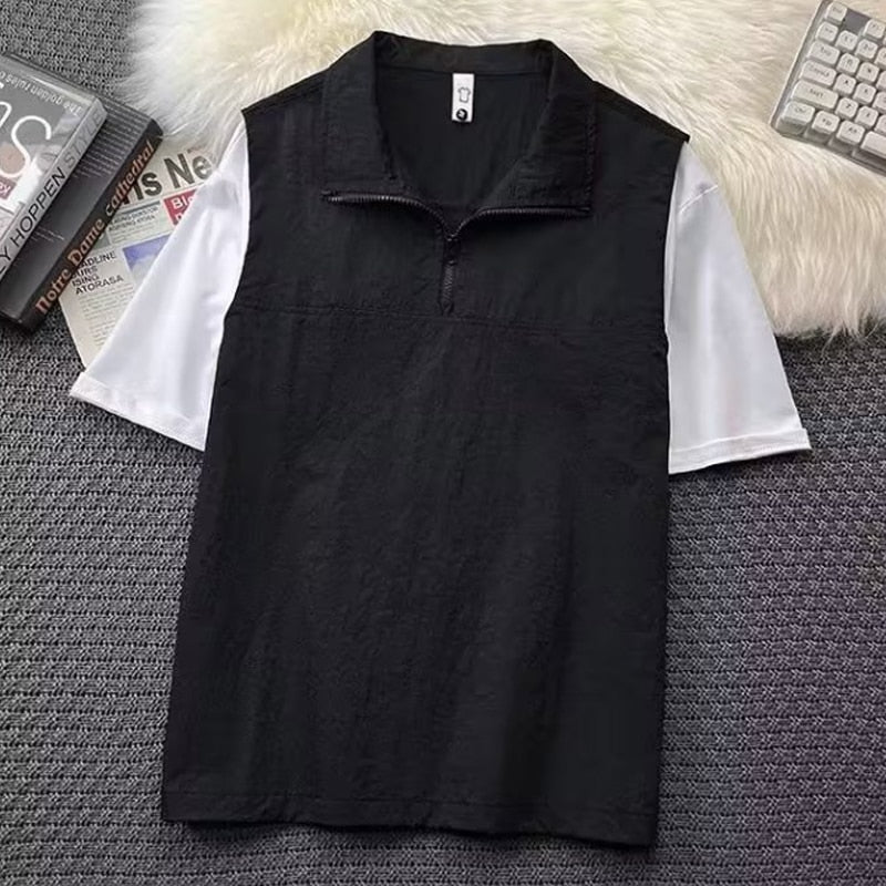 sanyamk Streetwear Mens Tops Summer Fashion Patchwork Short Sleeve Loose T-Shirts Casual Turn-down Collar Zipper T Shirt Men Polo Shirts