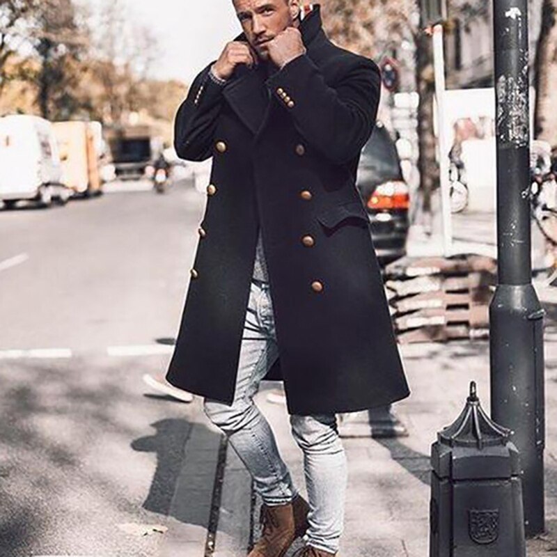 Bonsir Vintage Double Breasted Turn-down Collar Fleece Overcoats Mens Fashion Solid Long Sleeve Coats Autumn Winter Mens Long Jackets