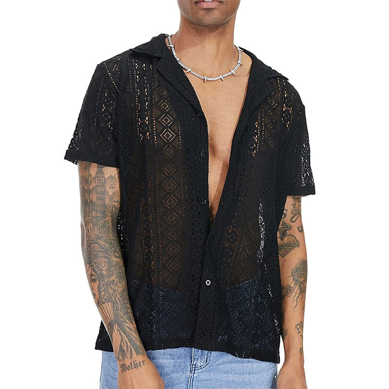 Bonsir Casual Solid Color Loose Shirts Men Fashion Pattern Embroidery Shirt Summer Short Sleeve Button Lapel Tops Mens Streetwear