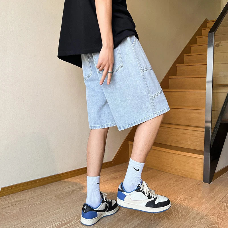 sanyamk Summer New High Street Casual Versatile Denim Capris Elastic Waist Men's Korean Style Loose Wide Leg Large Pocket Shorts