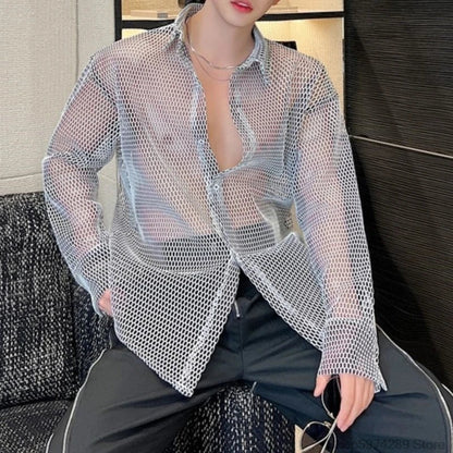 sanyamk Transparent Mesh Shirt Hollow Out Jacket Personality Breathable Youth Fashion Long Sleeve Tops Men Lapel Party Clubwear