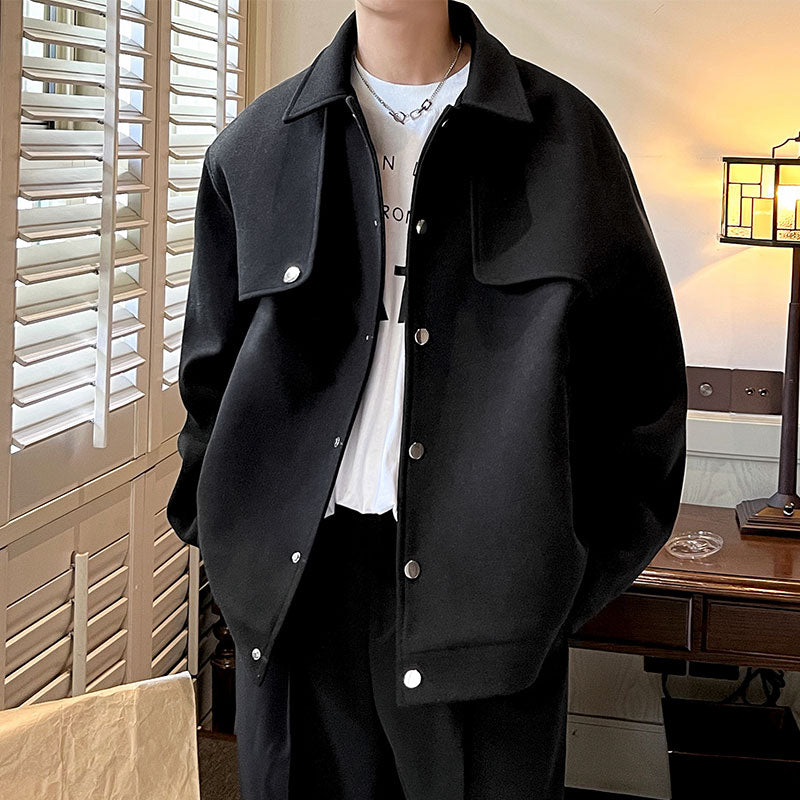 Bonsir Autumn and Winter Thickened Lapel Woolen Jacket Men's Patchwork Design Turn-down Collar Loose Casual Coat Trend