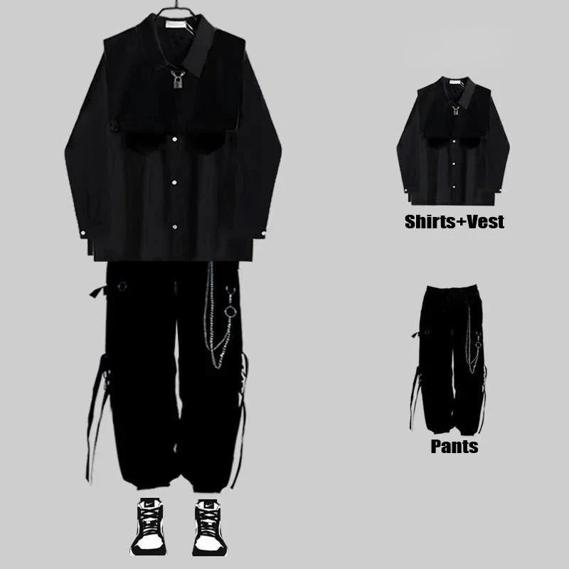 sanyamk Techwear Men's Sets Black Cargo Pants Men's Shirt Kit Long Sleeve Shirts Korean Streetwear Hip Hop Harajuku Spring