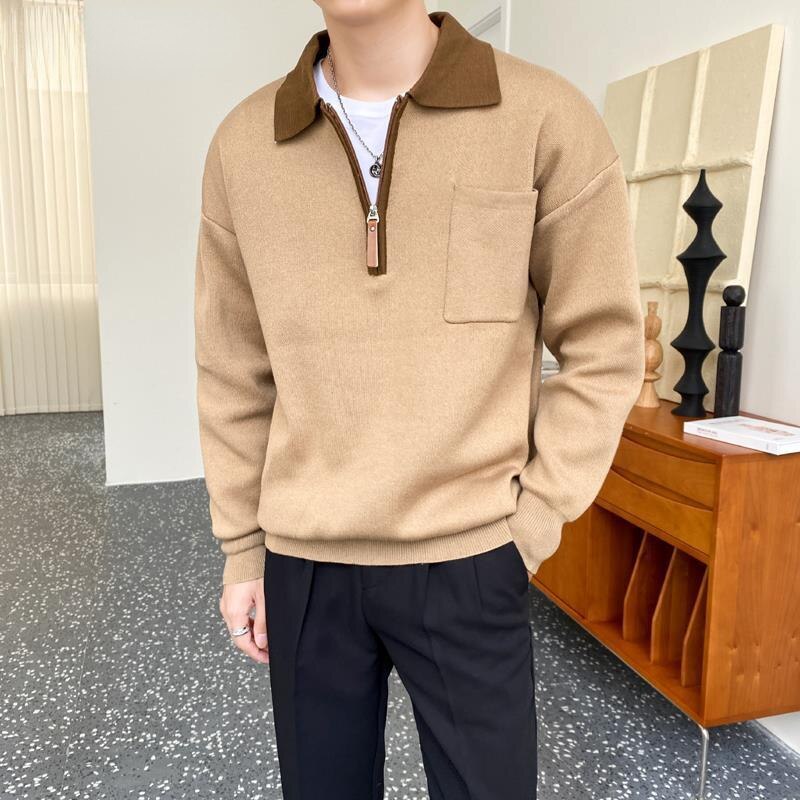 sanyamk Autumn New Knitted Sweater Men Business Casual Patchwork Polo Lapel Zipper Sweater Harajuku Mens Loose Japanese Pullove