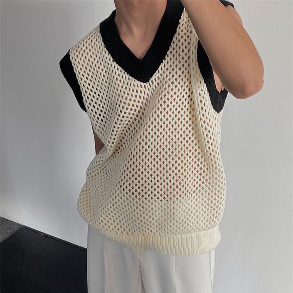 Bonsir Contrasting Color V-neck Knitted Sweater Vest Men's Spring Casual Sleeveless Tank Top Hollow Loose Tee Trendy Streetwear Unisex