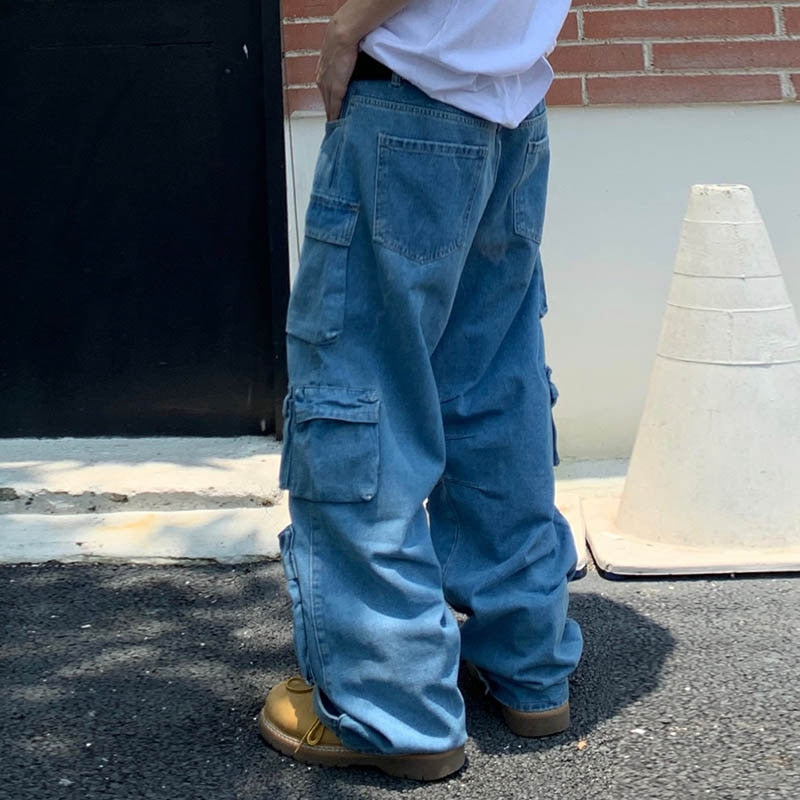 Bonsir Harajuku Solid Color Washed Blue Jeans Pants Men and Women Straight Streetwear Pockets Distressed Denim Cargo Trousers Oversize