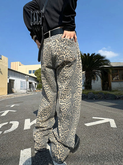 sanyamk Leopard Jeans for Men Denim Pants Male Oversize Wide Leg Trousers Streetwear Hip Hop Vintage Animal Print Loose Casual