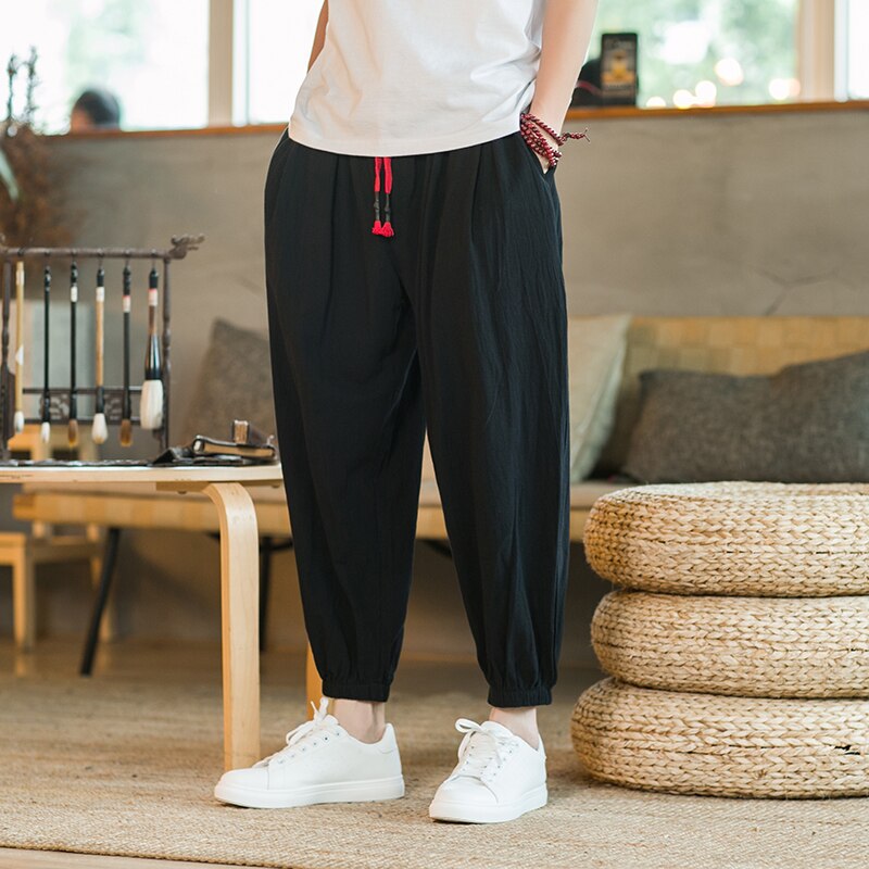 Bonsir  Chinese Style Harem Pants Men Streetwear Casual Joggers Mens Pants Cotton Linen Sweatpants Ankle-length Men Trousers M-5XL