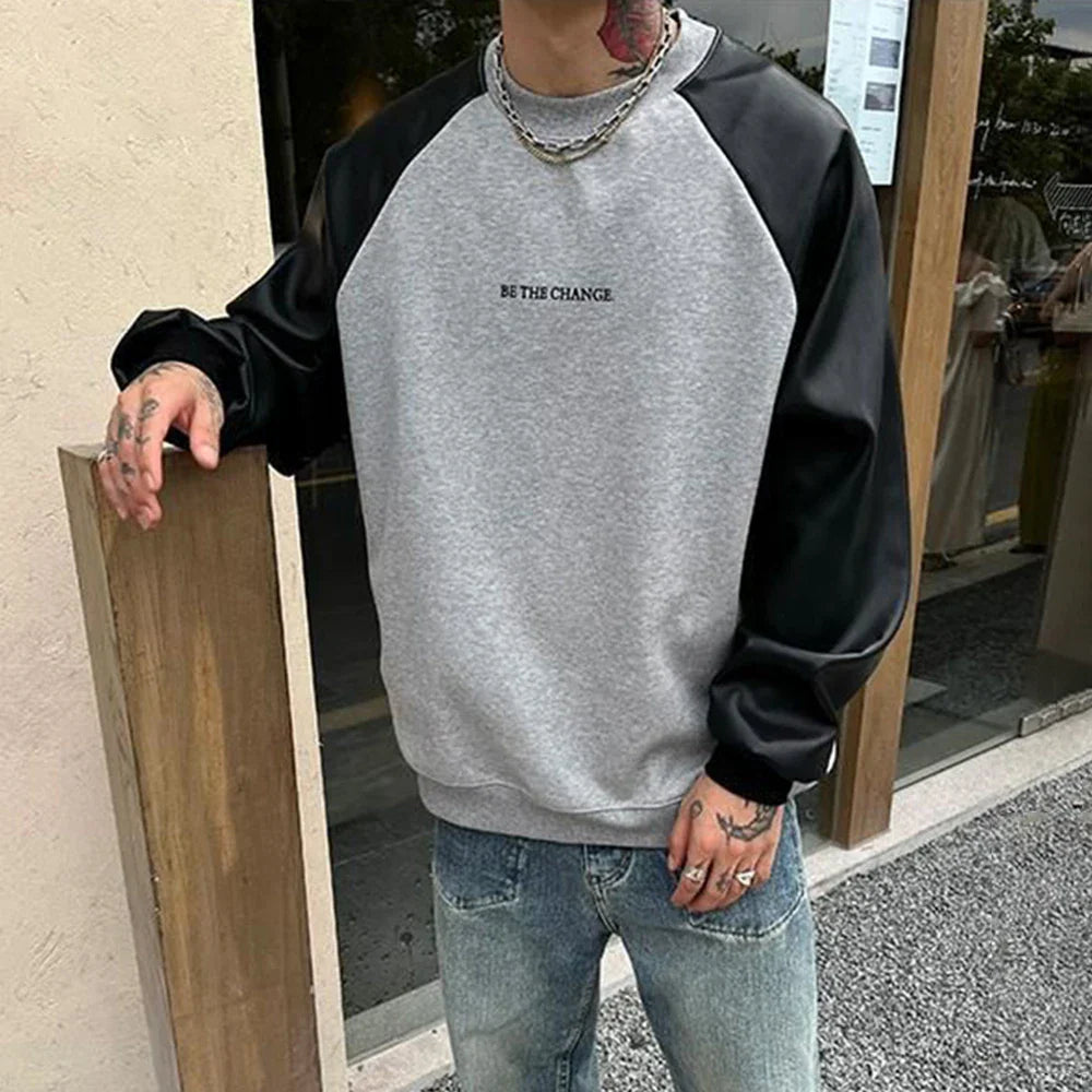 sanyamk Mens Y2k Contrast Pu Leather Raglan Sleeves  Sweatshirt Autumn And Winter Genderless Casual Loose Splicing Sweatshirt Unisex