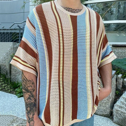 sanyamk  - Casual Breathable Hollow Out Knit T-shirts Men Summer Fashion Short Sleeve O-Neck Jumper Top Mens Vintage Stripe Knitted T Shirt