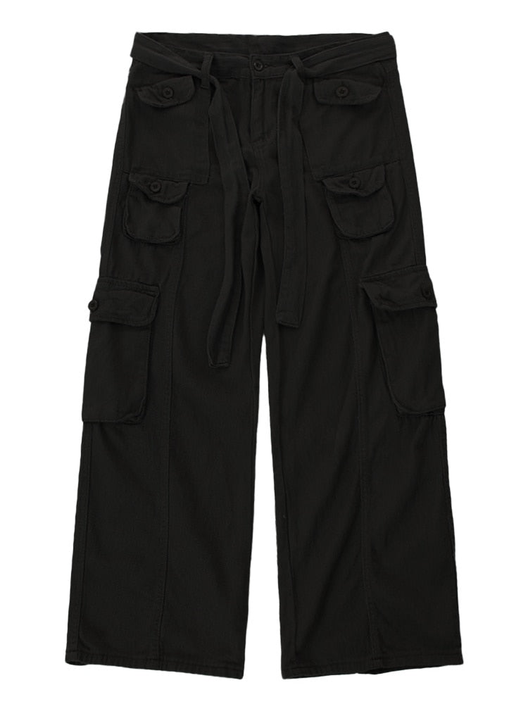 Bonsir High street retro casual large pocket overalls men&#39;s and women&#39;s new summer high waist loose straight tube draped wide leg pants