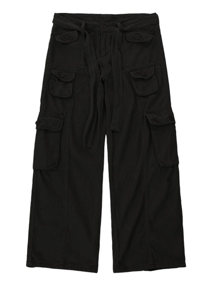 sanyamk High street retro casual large pocket overalls men's and women's new summer high waist loose straight tube draped wide leg pants