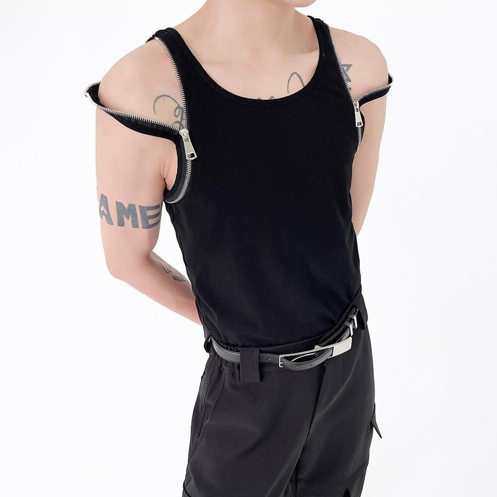 Bonsir New Casual Vest Korean Personality Metal Zip Design Fashion Sexy Tight Top Tank Sleeveless Tees LGBT Unisex Tops Streetwear