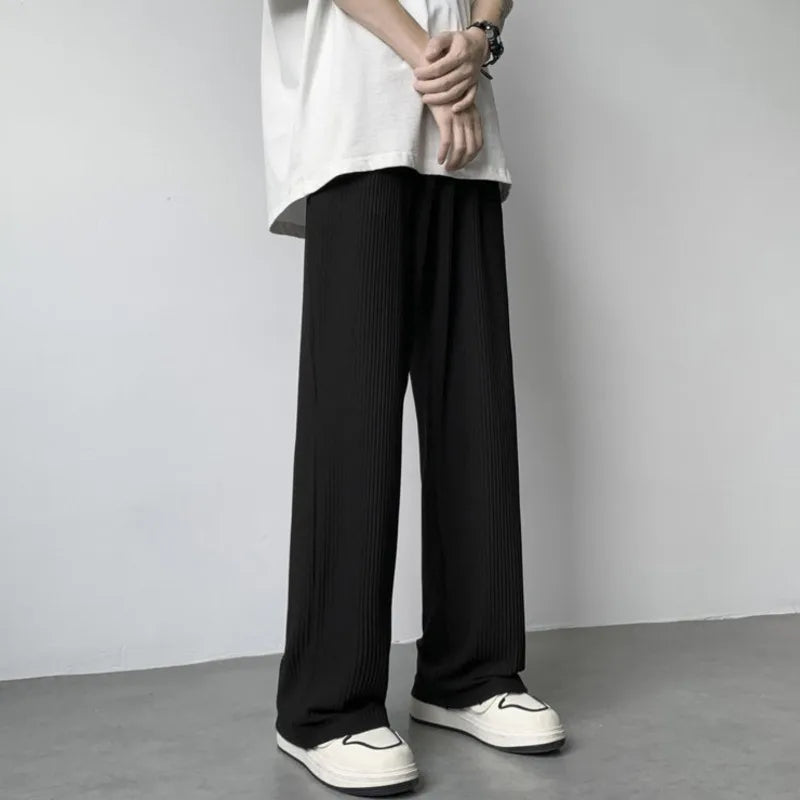 Bonsir Summer Casual Pants Men Fashion Oversized Wide Leg Pants Men Trousers Streetwear Korean Loose Pleated Pants Mens Ice Silk Pants