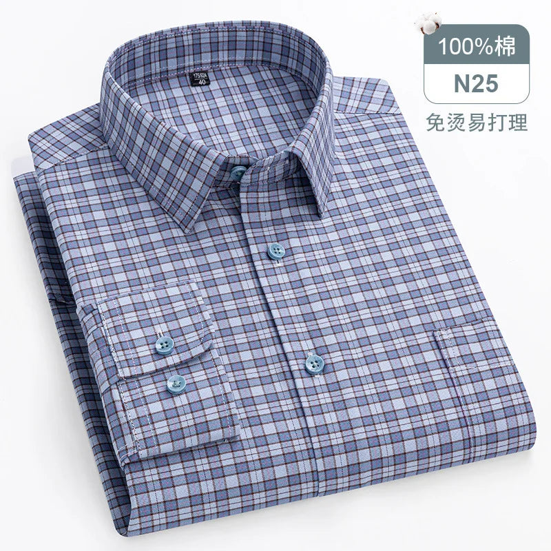 sanyamk Quality 100%Pure Cotton Men Long Sleeve Social Shirt for Oxford Shirt Men Plaid Striped Work Casual Shirt Male Regular-Fit S-8XL