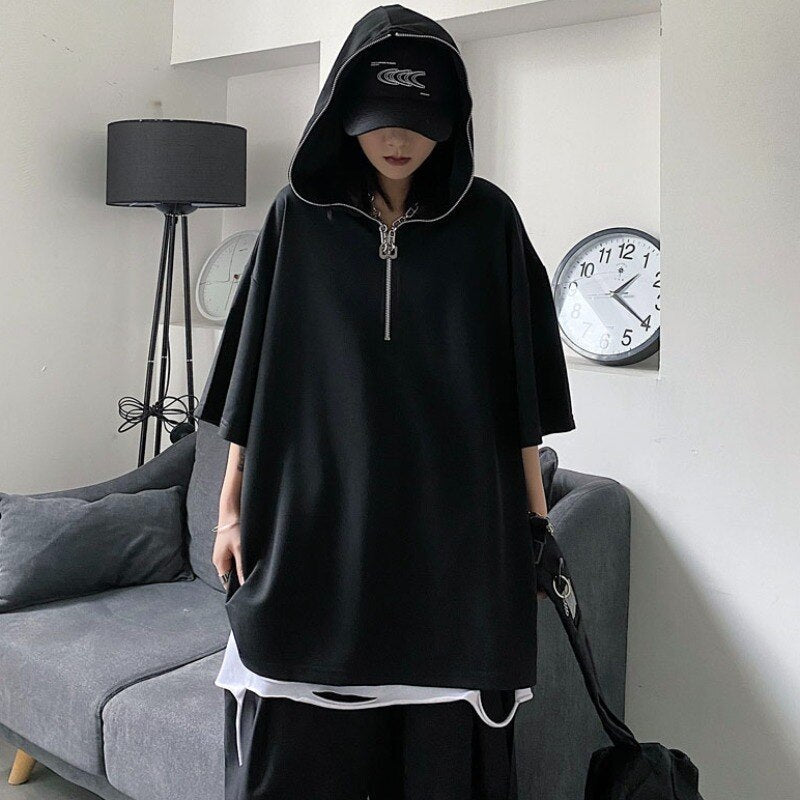 Bonsir Summer Korean style street personality solid color loose simple wild zipper hooded short-sleeved T-shirt for men