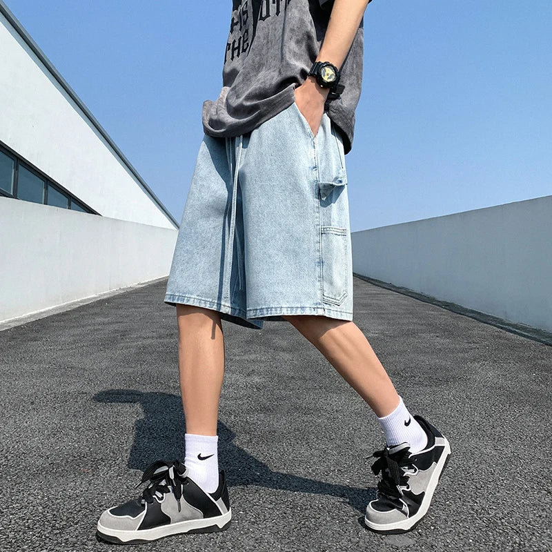 sanyamk Korean Style Summer Men's Blue Baggy Denim Shorts New Street Apparel Workwear Large Pocket Wide Leg Denim Shorts Blue