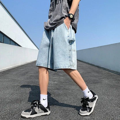 sanyamk Korean Style Summer Men's Blue Baggy Denim Shorts New Street Apparel Workwear Large Pocket Wide Leg Denim Shorts Blue