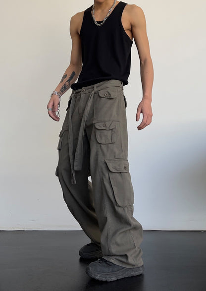 sanyamk High street retro casual large pocket overalls men's and women's new summer high waist loose straight tube draped wide leg pants