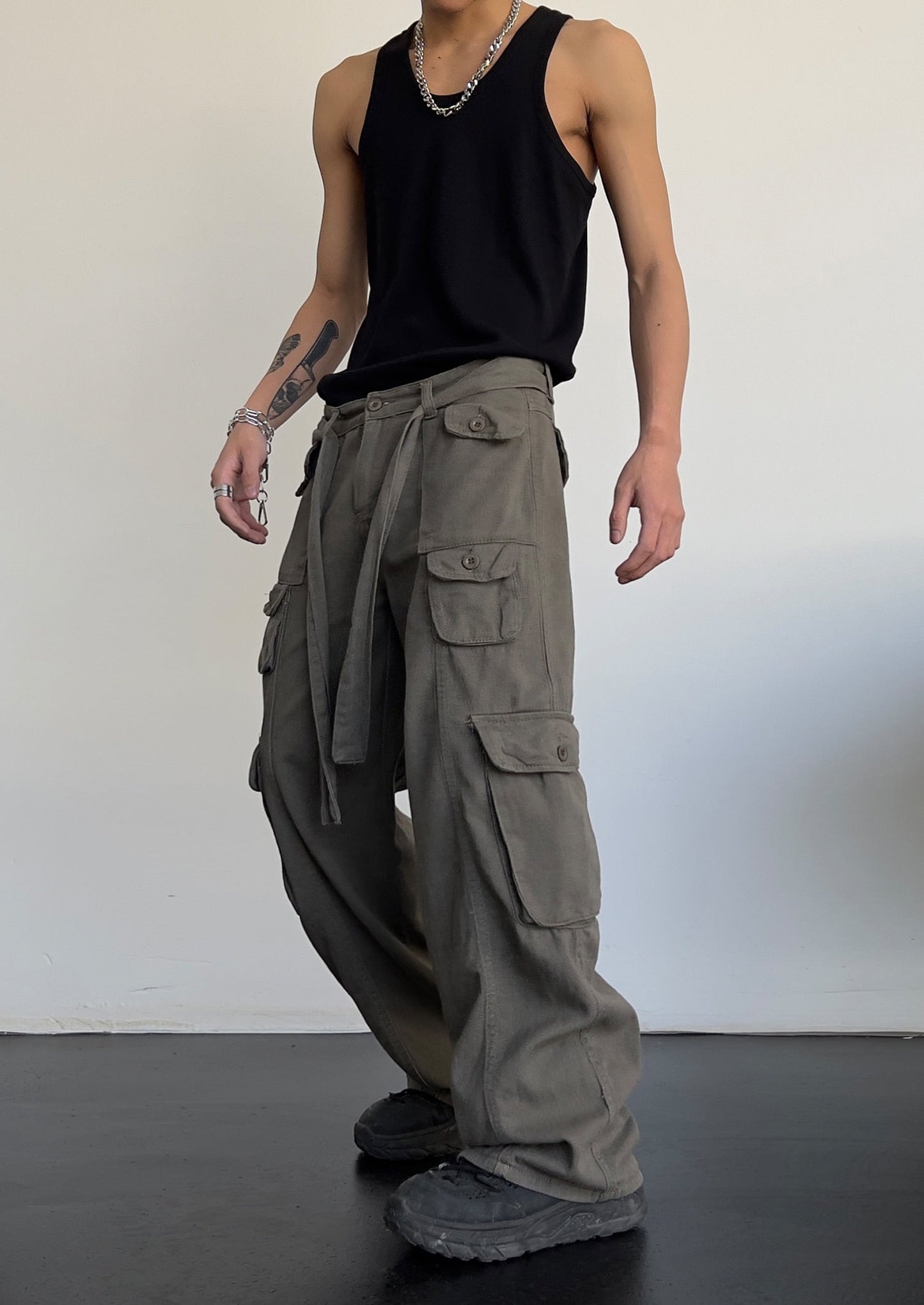 Bonsir High street retro casual large pocket overalls men's and women's new summer high waist loose straight tube draped wide leg pants