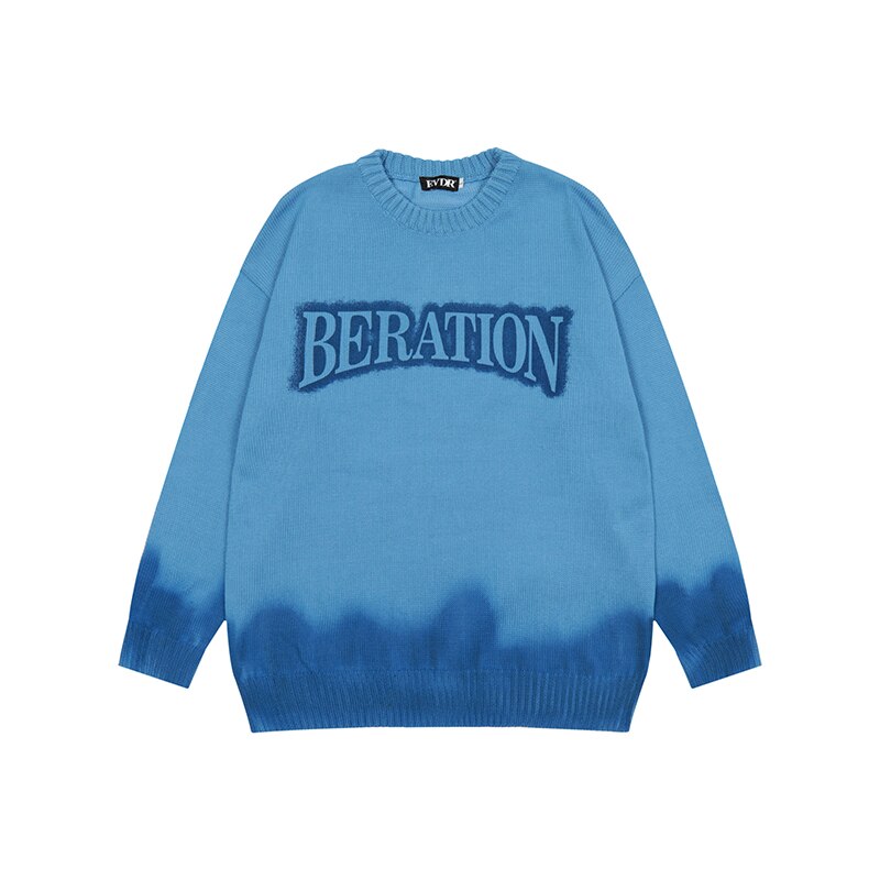 sanyamk Gradient Color Patchwork Letter Long Sleeve Men's Pullover Sweater Round Neck Harajuku Retro Oversized Couple Knitted Clothes