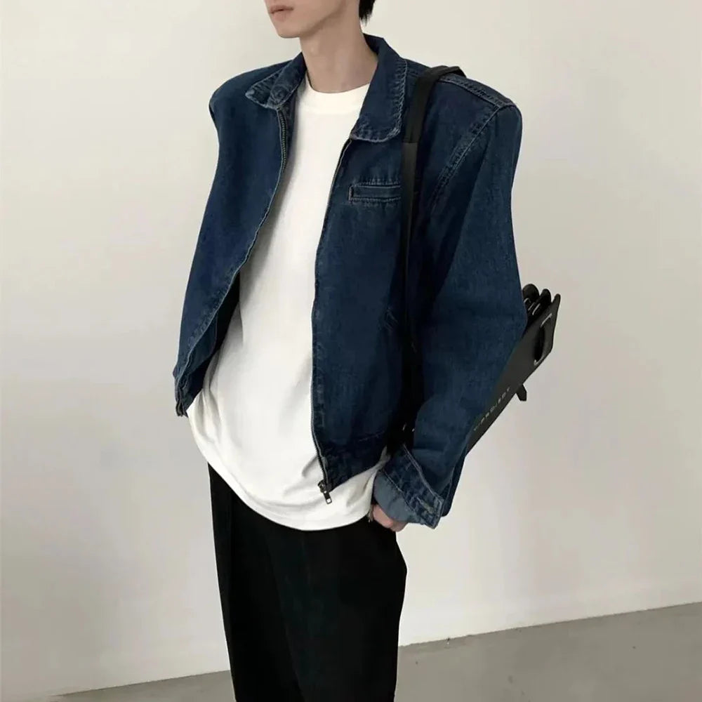 sanyamk Mens Autumn College Style Simple Y2k Niche Short Denim Jacket Fashion Youth Trend Retro Washed Shoulder Pad Cardigan Jacket Men