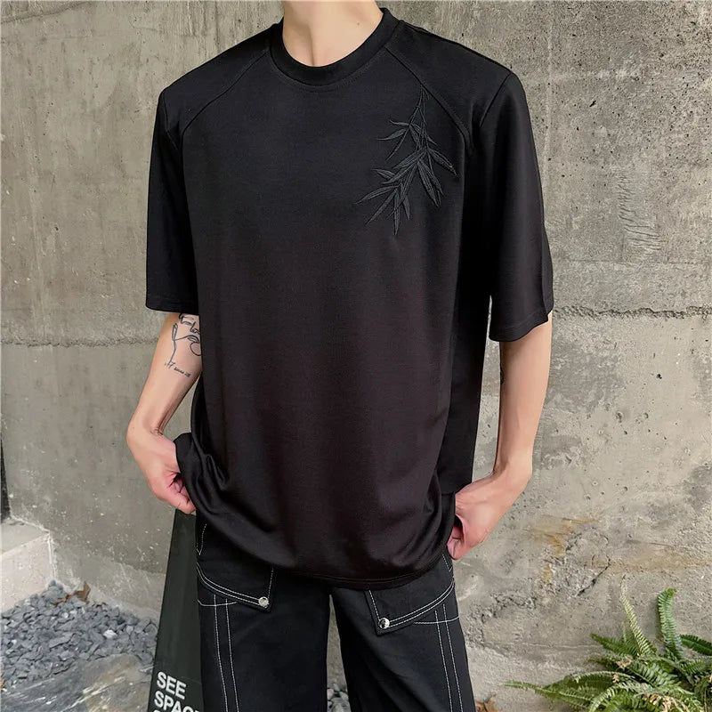 sanyamk  -   New Chinese Style Embroidery T-shirt Solid Color Short Sleeve Round Collar 2024 Summer Fashion Casual Male Tops T-shirts