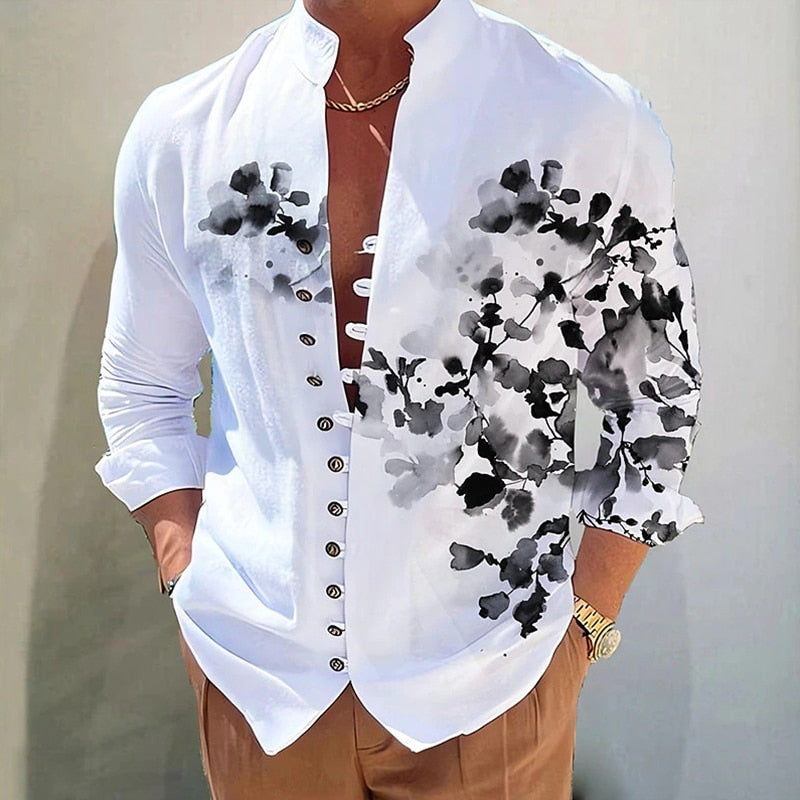 Bonsir Vintage Floral Graphic Print Shirt For Mens Casual Loose Long Sleeve Shirts Streetwear Men Fashion Stand Collar Buttoned Shirt