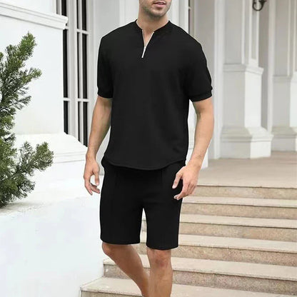 sanyamk New Casual Two Piece Sets Mens Outfit 2024 Spring Summer Fashion Zipper V Neck Short Sleeve T Shirts And Shorts Men Solid Suits