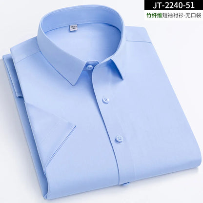 sanyamk Short Sleeve Male Dress Shirts Bamboo Fiber Soft Business Solid Men Formal Shirt No Pocket Comfotable Cool Regular Fit New