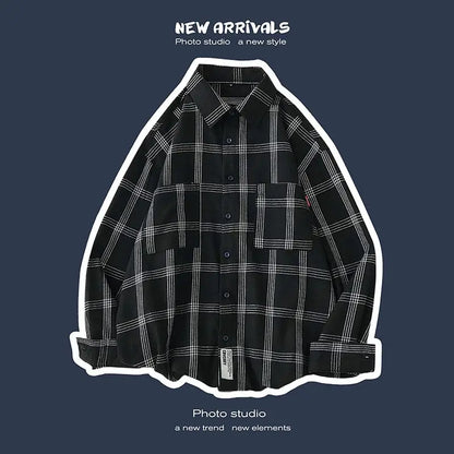 sanyamk New Men's Clothing Shirt Long Sleeve Square Collar Spring Autumn Loose Fashion Casual Plaid All-match Button Tops