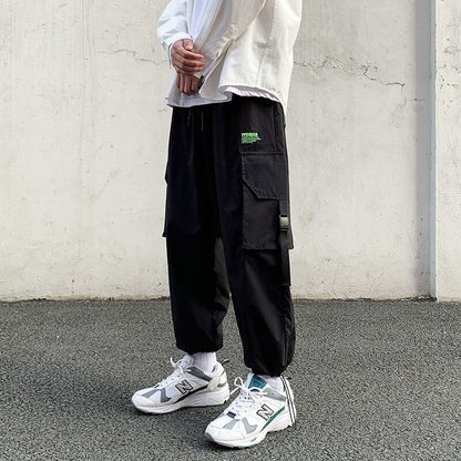 Bonsir Big Pocket Men Cargo Pants Drawstring Fashion Japanese Style Male Trousers Oversize Casual Elastic Waist Streetwear