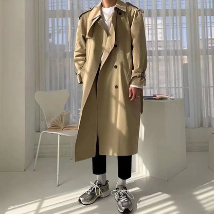 sanyamk Khaki Black Trench Coat Men Oversized Fashion Casual Long Coat Men Streetwear Korean Loose Windbreaker Jacket Mens Overcoat