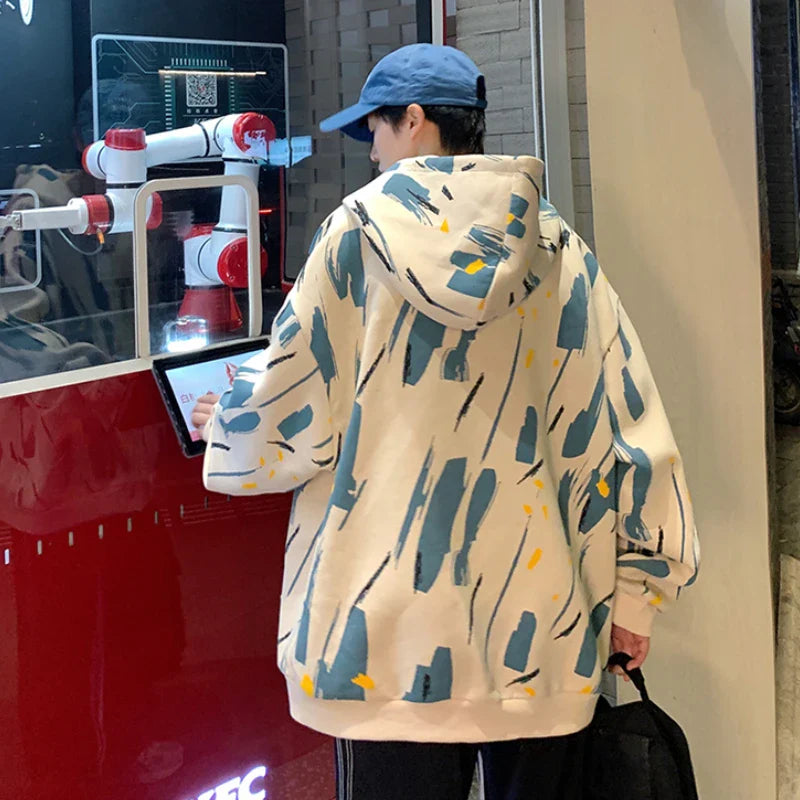 BONSIR  -  Men Korean Style Hoodies Vintage Printed Long Sleeve Oversized Hooded Sweatshirt Mens Casual Streetwear Hoodie Coats