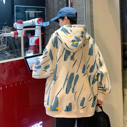 BONSIR  -  Men Korean Style Hoodies Vintage Printed Long Sleeve Oversized Hooded Sweatshirt Mens Casual Streetwear Hoodie Coats