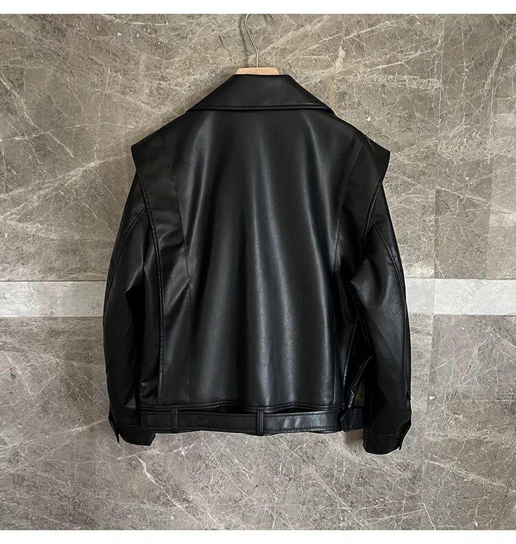 Bonsir men's wide shoulder motorcycle leather jacket male streetwear fashion rock punk loose causal leather coat outerwear