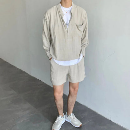 sanyamk Korean Fashion Summer Clothes Men 2 Piece Set Solid Hip Hop V-neck Tops Shorts Streetwear Short Pants Outfits Casual Outer Sets