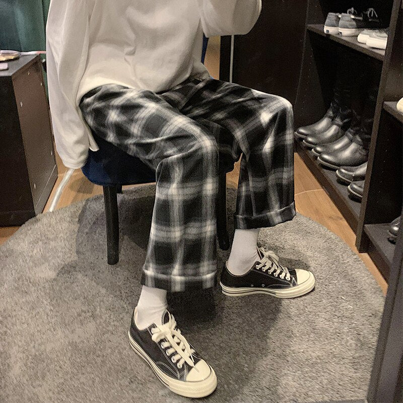 sanyamk Spring Plaid Pants Men Fashion Retro Wide Legs Casual Pants Men Streetwear Loose Hip Hop Straight Pants Mens Trousers S-2XL